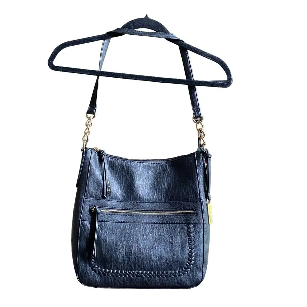 Jessica Simpson Handbag Shlder Tote Purse Blk Textured PVC Gold Chain studs